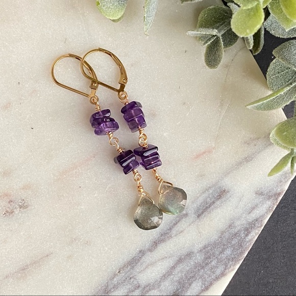 Amethyst Labradorite Dangle Earrings 14k Gold Filled Leverback - Picture 3 of 6
